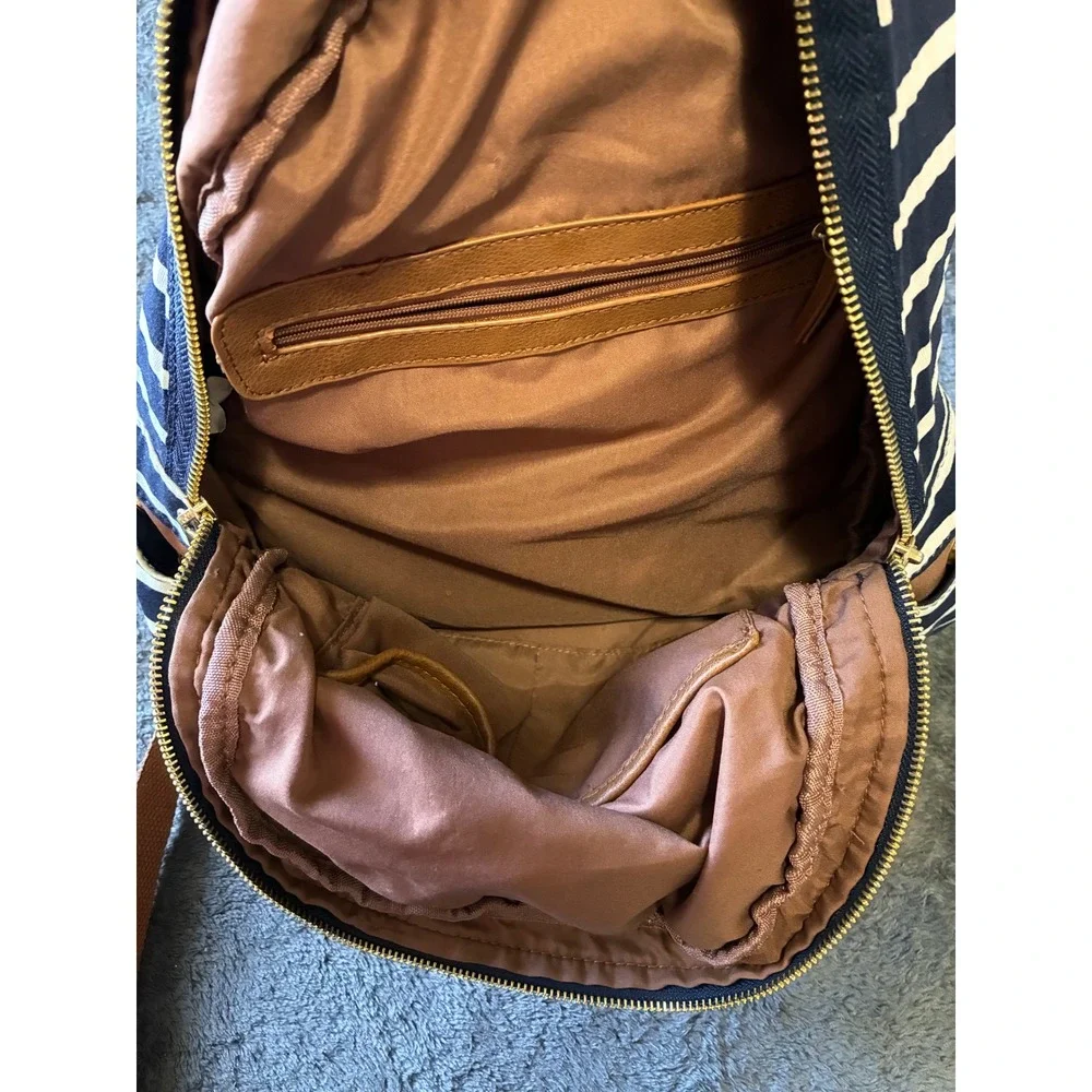 Madden Girl Striped Canvas Backpack Navy White Gold Zip School Travel Bag